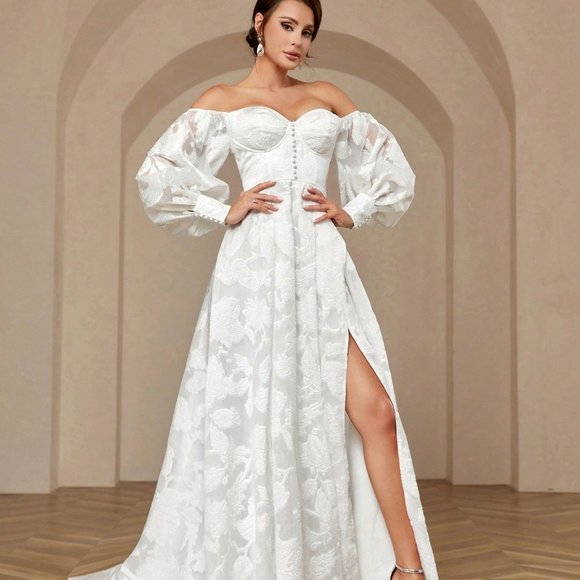 White Wedding Fishbone Single Shoulder Split Breasted Long Lantern Sleeve Dress - Picture 5 of 5
